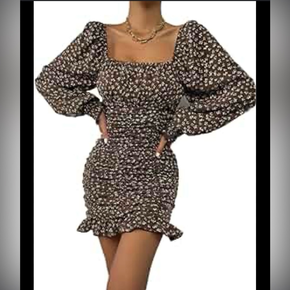 Rouched fitted oversized puff balloon sleeve white brown rouched ruffle dress s